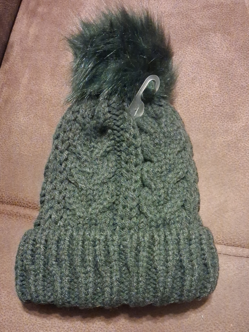 Time and Tru Olive Green Cable Knit Pom Beanie - Olive Dusk
